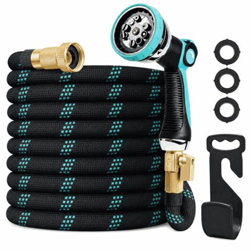 100ft Heavy Duty Garden Hose with Alloy Nozzle & Solid Brass Connectors – Lightweight, No-Kink Flexible Water Hose, 96-Spindle High-Density Weave, 12 Bar Non-Expandable TPE Core for Outdoor Yard - size: 100 FT