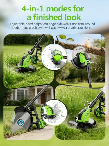 12-Inch Battery Powered String Trimmer with Wheels, 800W Brushless 4-in-1