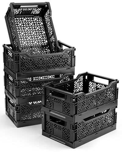 6-Pack Collapsible Plastic Storage Baskets, Stackable Bins with Label Slots