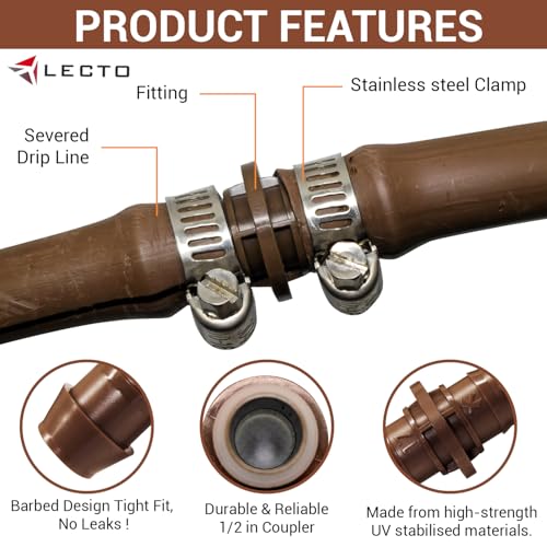 LECTO Universal 5/8", 1/2", .700" Drip Line Repair & Extension Kit – 3 Pack Plastic Couplers with 6 Stainless Steel Hose Clamps - style: Coupler