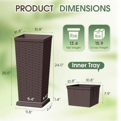 Set of 2 24 Inch Tall Plastic Planters with Drainage Saucers, Brown - color: Brown, size: 24 inch with Trays