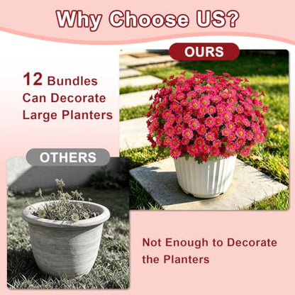 Artificial Daisy Mums for Outdoors, 12 PCS Fall Flowers, Fuchsia - color: Fuchsia