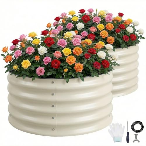 2Pcs Round Galvanized Raised Garden Bed 2x1 FT Metal Planter Box,White - color: White, size: 2x2x1FT(2Packs)