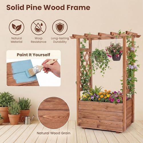 Happygrill Raised Garden Bed with Trellis & Hanging Roof - size: 31” x 16” x 41”