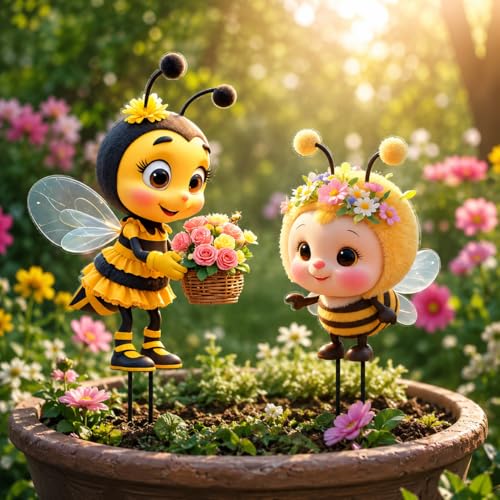 2Pcs 2D Flat Acrylic Bee Garden Stakes, Cute Cartoon Bee with Flower Basket Decor, Waterproof Yard Art Ornaments for Outdoor Patio, Lawn, Flower Pot, Home Garden Decoration - color: Bee