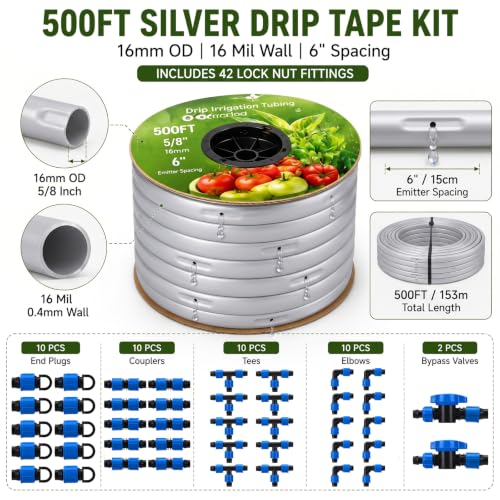 Tondiamo 500 ft 5/8" Drip Tape Irrigation Kit 16 Mil 6" Spacing, Blue - color: Blue