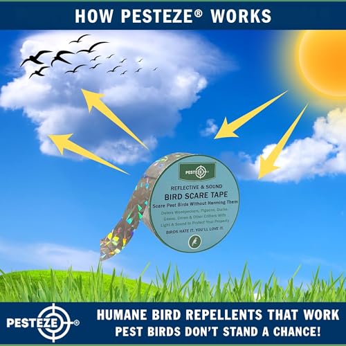 PESTEZE USA Bird Deterrent Reflective Tape–Dual-Sided Holographic Bird Scare Ribbon (1in x 295ft) for Yards, Gardens & Buildings to Repel Nuisance Birds Like Pigeons, Woodpeckers & Geese Without Harm