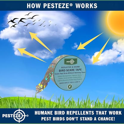 PESTEZE USA Bird Deterrent Reflective Tape–Dual-Sided Holographic Bird Scare Ribbon (1in x 295ft) for Yards, Gardens & Buildings to Repel Nuisance Birds Like Pigeons, Woodpeckers & Geese Without Harm
