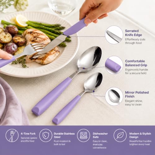 EXZACT 16 pcs Flatware Set Stainless Steel Wide Handles Serves 4 Lilac - color: Lilac x 16