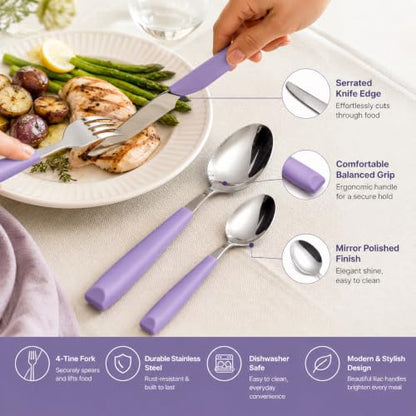 EXZACT 16 pcs Flatware Set Stainless Steel Wide Handles Serves 4 Lilac - color: Lilac x 16