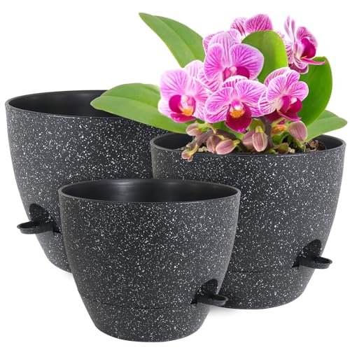 WSMKSZ 12/10/9 inch Self Watering Pots for Indoor Outdoor Plants, Set of 3 - color: Speckled Black, size: 12"+10"+9"