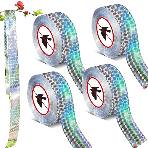 4 Pieces Bird Scare Tape Ribbon,4 * 328 Feet Reflective Tape Keep Birds Away Outdoor,Double Side Bird Flash Tape, Scare Geese, Pigeon, Duck, Woodpecker, for Outdoor, House, Garden, Patio, Orchard