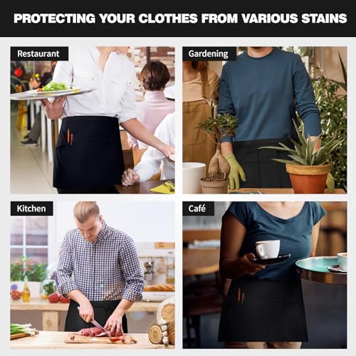 3 Pockets Waitress Apron Server Aprons - Half Aprons for Men & Women Waterproof and Oil Proof - color: 02-black