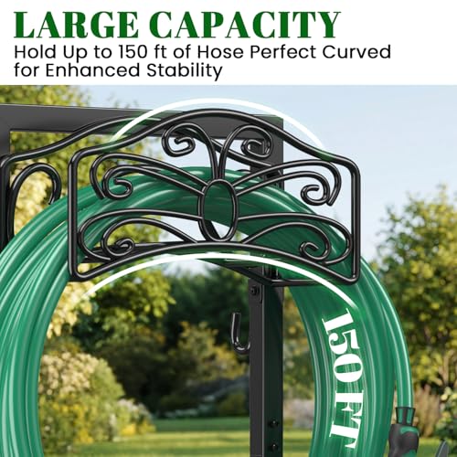 Sunvigor Freestanding Garden Hose Holder Stand, Heavy Duty Hose Reel Alternative with 2 Tool Hooks, Holds 150FT Water Hose, 4-Spike Stable Base, No-Drill Hose Storage for Outside Yard Lawn Garden - color: Black-butterfly Style With Hooks