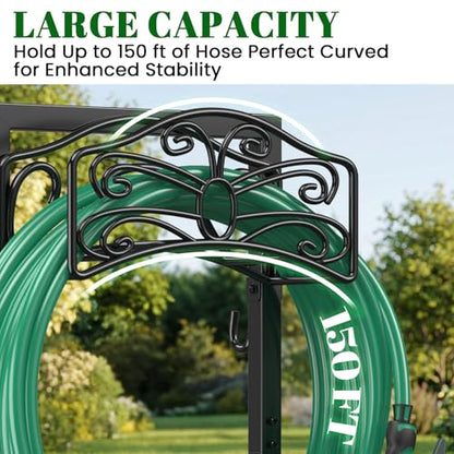 Sunvigor Freestanding Garden Hose Holder Stand, Heavy Duty Hose Reel Alternative with 2 Tool Hooks, Holds 150FT Water Hose, 4-Spike Stable Base, No-Drill Hose Storage for Outside Yard Lawn Garden - color: Black-butterfly Style With Hooks