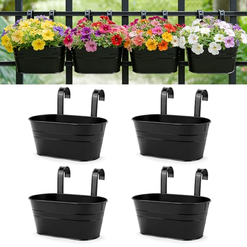 RIOGOO Flower Pots Metal Iron Hanging Flower Pots Garden Pots Balcony Planters Metal Bucket Flower Holder Wall Hanging Decorative Pot - Removable Hook (4 Pieces) (Black) - size: Large Black(4 PCS)