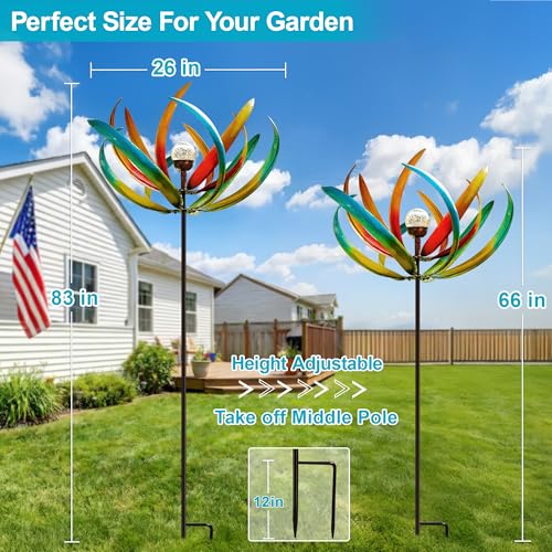 83-Inch Solar Wind Spinner Outdoor Metal, Kinetic Yard Art with Glass Globe - color: 83" Tulip