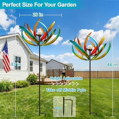 83-Inch Solar Wind Spinner Outdoor Metal, Kinetic Yard Art with Glass Globe - color: 83" Tulip