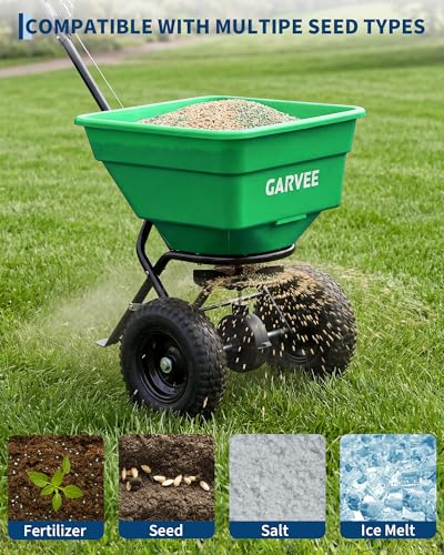 Heavy Duty 100L Push Broadcast Spreader – 12FT Spreading Width, 13" All-Terrain Wheels, Adjustable Current, Walk-Behind Lawn & Garden Seeder for Fertilizer, Grass Seed, Salt, Ice Melt – Green