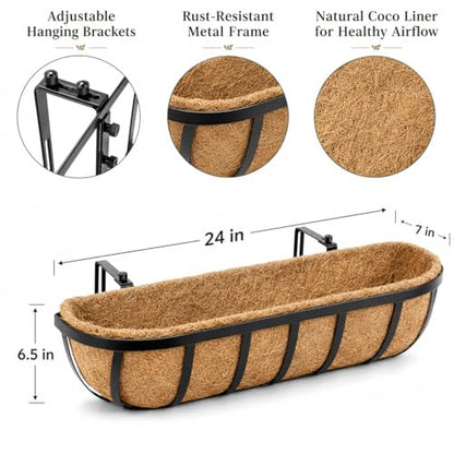 Y&M 2pcs 24 Inch Window Deck with Coco Liner, 24" Window Boxes Horse Trough with Coconut Coir Liner, Black Metal Hanging Flower Planter Window Basket Deck Railing Planter Boxes for Outdoor Indoor - size: 2p 24in