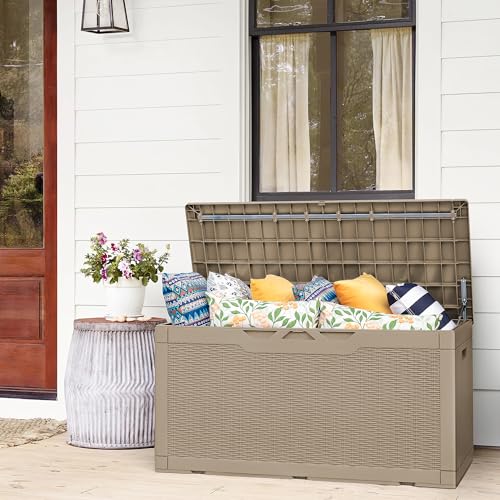 Flamaker Deck Box 98 Gallon Waterproof Resin Storage Box with Cushion - color: Brown, size: 98 Gallon