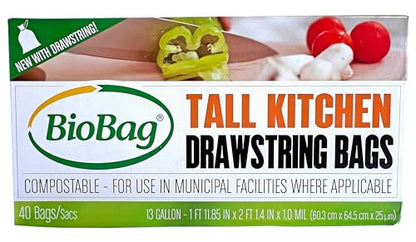 13 Gallon Compostable Drawstring Trash Bags by BioBag, 40 Count, BPI Certified, Meets ASTM D6400 Standards, Easy-Tie Kitchen Liners - style: 13 Gallon With Drawstring