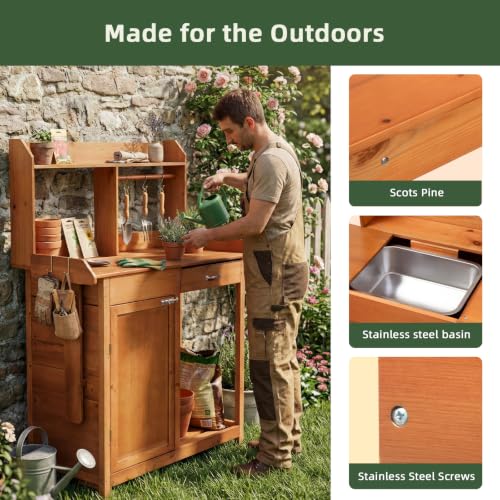 OOOK Potting Bench, Nordic Scots Pine Potting Table with Storage