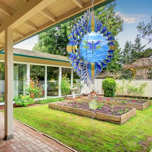 Animated Dragonfly Wind Spinner, 12inch Kinetic Metal Garden Decor - color: Animated Dragonfly