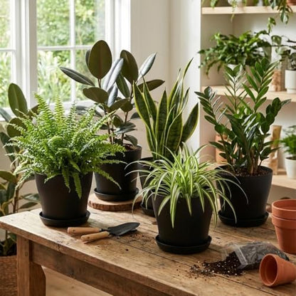 8inch Plant Pot with Large Drainage Holes &Saucer for Indoor Outdoor Plants - color: Black