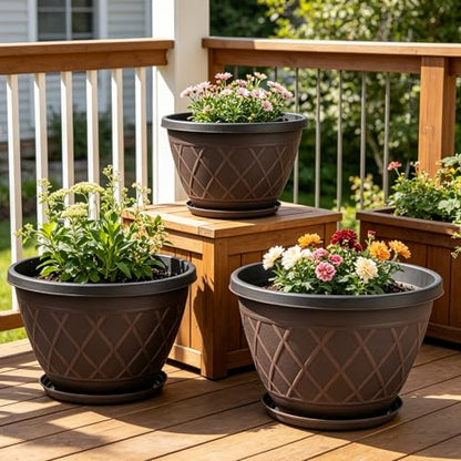 4 Pack 16 Inch Large Plastic Plant Pots with Drainage Holes & Saucers - size: 16 Inch - 4Pack
