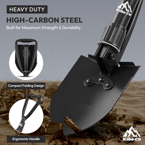 KIBOCO Small Folding Survival Shovel, Military-Style Tool for Car, Snow, Camping, Backpacking - 18" Carbon Steel Multitool with Pick