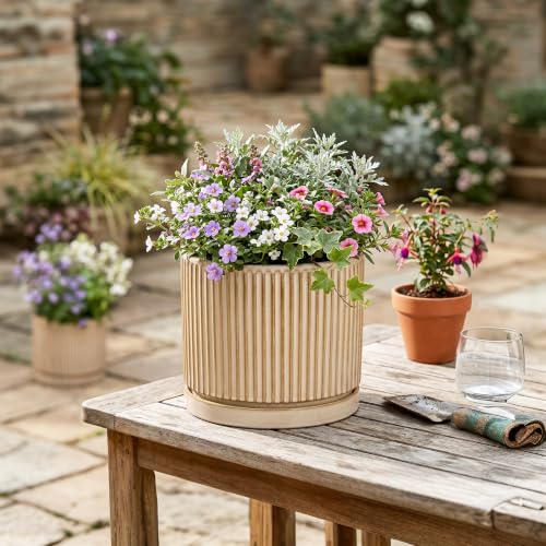 8 Inch Flower Pot, Ceramic Planters, Round Plant Pot, Beige - color: Beige, size: 8 Inch