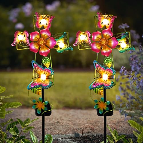 Solar Cross Garden Lights, 2 Pack Solar Butterfly Stake Lights Cemetery Decorations for Grave, Jesus Cross Sympathy Memorial Gifts for Mother Grandma, Metal Garden Art for Yard Lawn Patio Decor - color: Warm White, size: Flower-2 pack