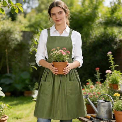 Cross Back Pinafore Apron Dress for Women, Olive Green Garden Apron