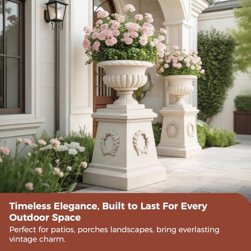 20" H Large Plastic Roman Urn Planter with 28" Tall Decorative Pedestal - color: Marble-set