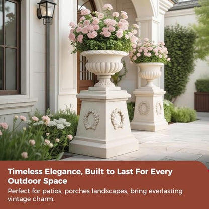 20" H Large Plastic Roman Urn Planter with 28" Tall Decorative Pedestal - color: Marble-set