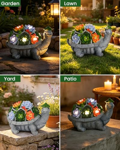 11.1 Inch Large Solar Garden Decor Turtle Statues Lights with Succulent - color: Gray