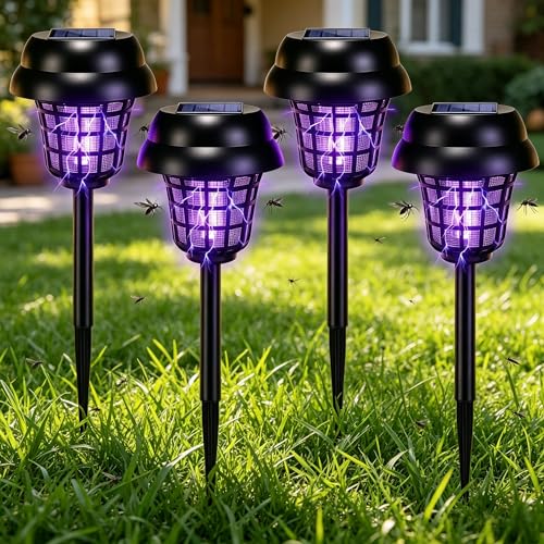 4 Pack Solar Bug Zapper Outdoor Waterproof Mosquito Repellent Outdoor Patio Mosquito Trap & Killer for Moths, Gnats, Flies, Small Flying Insect, Solar Powered Fly Zapper for Garden, Patio, Backyard
