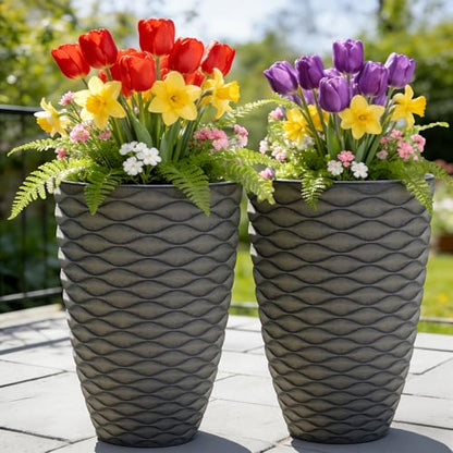 2-Pack 19" Rustic Black Resin Tall Planters with Wave Texture - color: 19"h-rustic Black Wavy