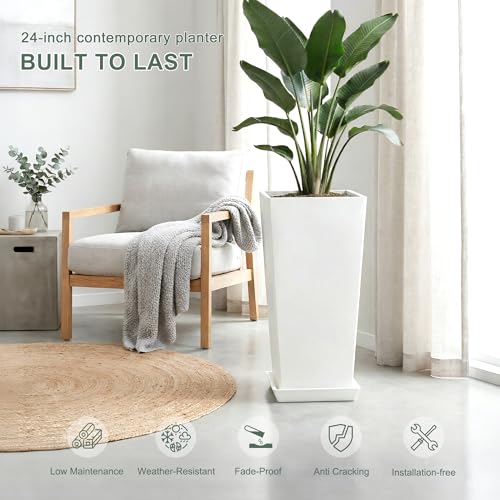 Plastic 24" Tall White Planters Outdoor Set of 2, Classic - color: White