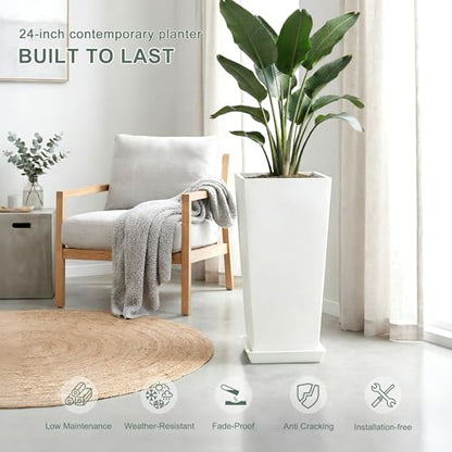Plastic 24" Tall White Planters Outdoor Set of 2, Classic - color: White