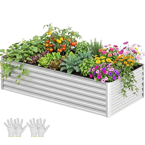 YITAHOME 6x3x2ft Galvanized Raised Garden Bed, Metal Planter Box with Safety Rubber, Gloves, Outdoor Flower Bed for Planting Plants Vegetables, Silver - color: Silver, size: 6x3x2ft