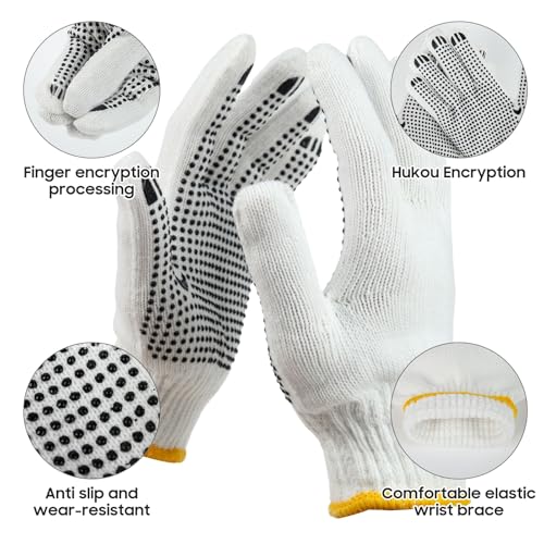 Unisex White Cotton Polyester Knitted Safety Work Gloves, 12/36/240 Pairs - color: Black (12 Pairs) With Dots