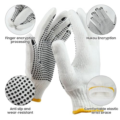 Unisex White Cotton Polyester Knitted Safety Work Gloves, 12/36/240 Pairs - color: Black (12 Pairs) With Dots