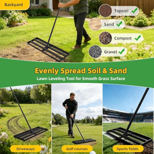 30 Inch Lawn Leveling Rake with 70'' Adjustable Handle for Yard/Garden/Farm - color: Black