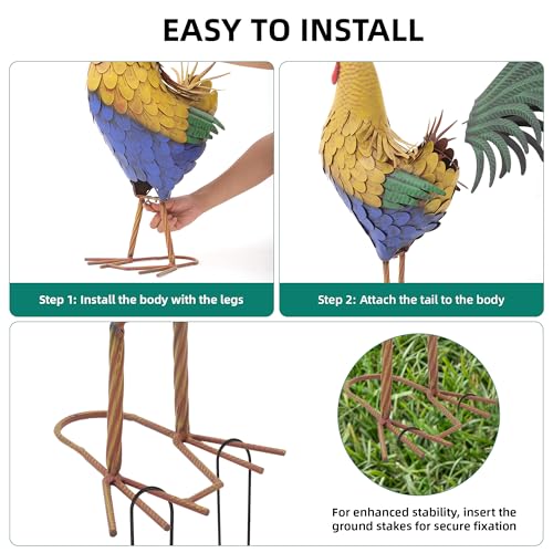 32 in Metal Rooster Statue, Farmhouse Yard & Garden Decor - color: 32"h-xl Rustic Yellow Rooster