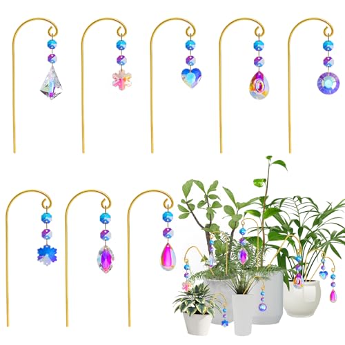Potted Plant Trellis with Colorful Crystal Sun Catchers, 6.7 Inch Metal Plant Stakes, Fairy Stakes for Mini Potted Plant Decoration for Home Window Garden (8 Pack) - color: Gold 8pcs