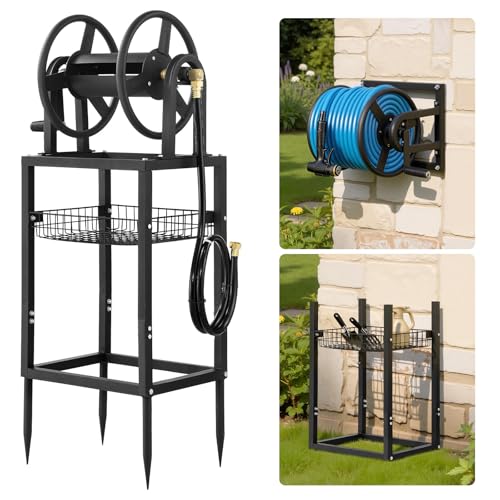 VEVOR Freestanding Garden Hose Reel, Holds 125 Feet of 5/8-inch Hose, Wall Mount or Ground Mount, Detachable Holder Stand with Storage Rack, 5 ft Leader Hose, Brass Fitting, 4 Spikes, for Backyards - color: Black, size: 125ft, 5/8-inch, Freestanding