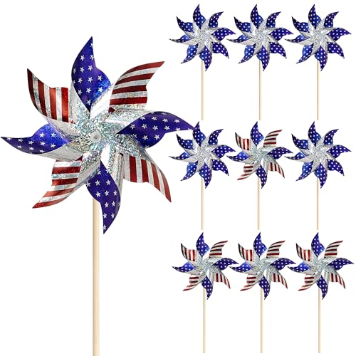 HOOSUN 10 Pcs 4th of July Pinwheels for Yard and Garden 4th of July Decorations,American Flag Patriotic Pinwheels to Scare Birds Away,Red White Blue Reflective Wind Spinners,Memorial Day Decorations - color: Glitter Red Blue White