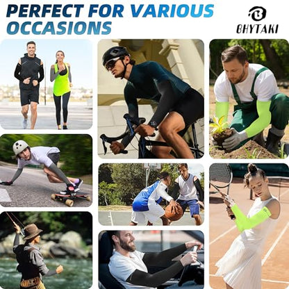 BHYTAKI UV Sun Protection Arm Sleeves, UPF 50 Sports Cooling Arm Compression Sleeves for Men Women Teenager - color: 2 Black+2 Dark Gray+2 Fluorescenct Green